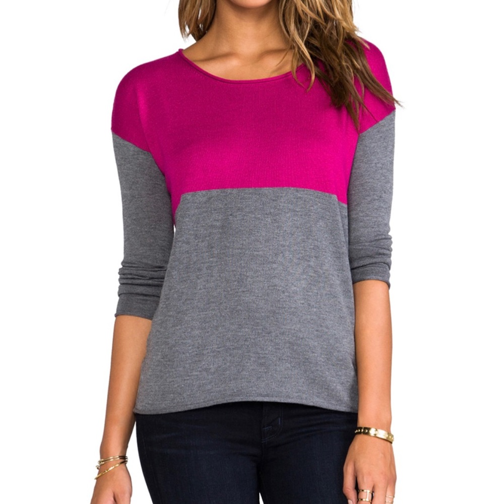 Splendid Color Blocked Long Sleeve Sweater Rolled Hem and Cuffs Rounded Neckline